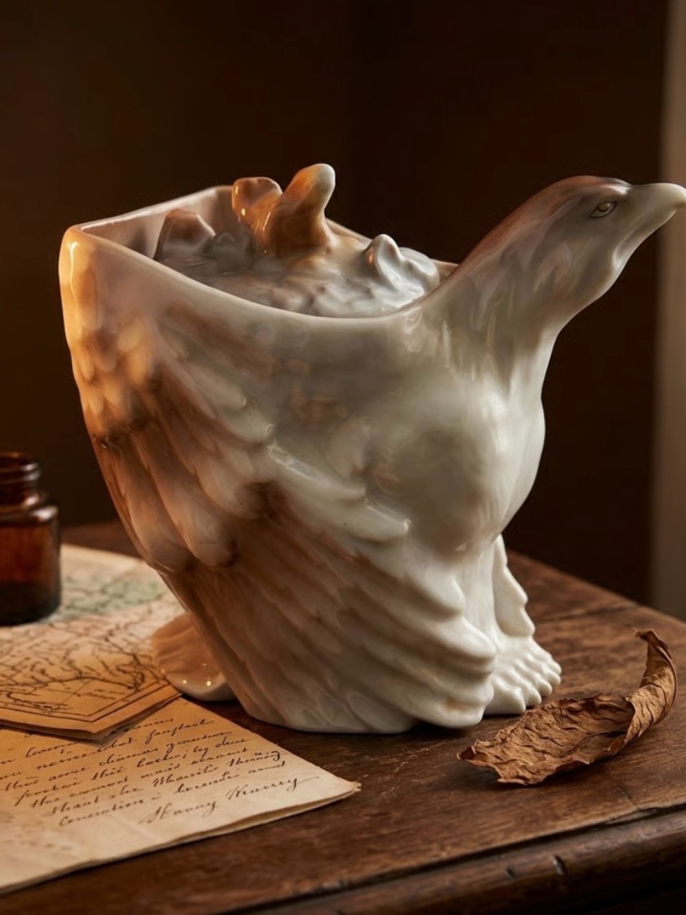 Vintage 1900 Royal Bayreuth porcelain grey eagle lidded humidor.